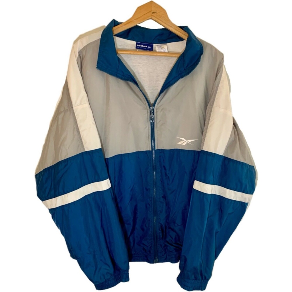 Vintage Reebok Men’s Windbreaker Zip Up Sweatshirt Size XL Teal White LOGO 90s